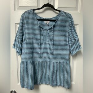 denim company Striped Blue Peplum Tie-Neck Top